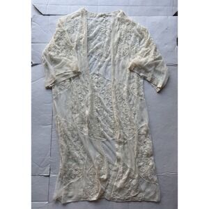 Boho Open Front Duster White Embroidered Lace Mesh Cover Up Kimono One Size NWOT
